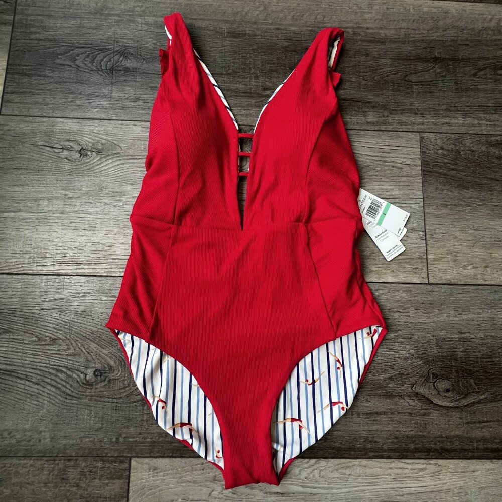 Jantzen Taylor Reversable Plunge Neckline Ruffle Sleeve One Piece Bathing Suit